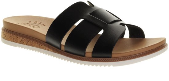 sandal, zwart, tweekleurige bandjes, slip-on, kurkzool