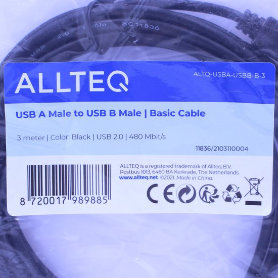 USB A naar USB B kabel - USB 2.0 - Printerkabel - 3 meter - Zwart - Allteq
