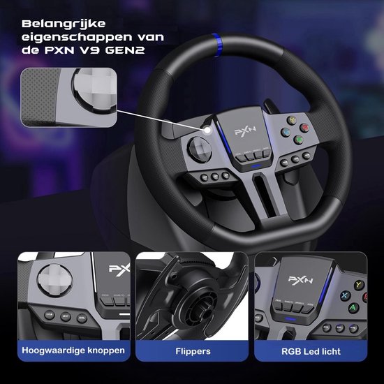PXN - V9 Gen 2 - Race Stuur - Met Pedalen en Shifter - 270/900°- Game Stuur - Geschikt voor PS4 - Xbox One - PC - Xbox Series X|S - PS3 - Met App
