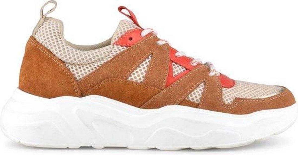 PS Poelman Year Dames Leren Chunky Runner Sneaker - 38 - van Mesh en Suéde - Bruin Beige Rood - Maat