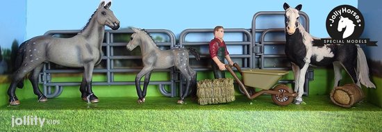 JollyHorses: Quarter Horse Bay + Palomino paard + veulen + hek + boer + accessoires (handgeschilderd