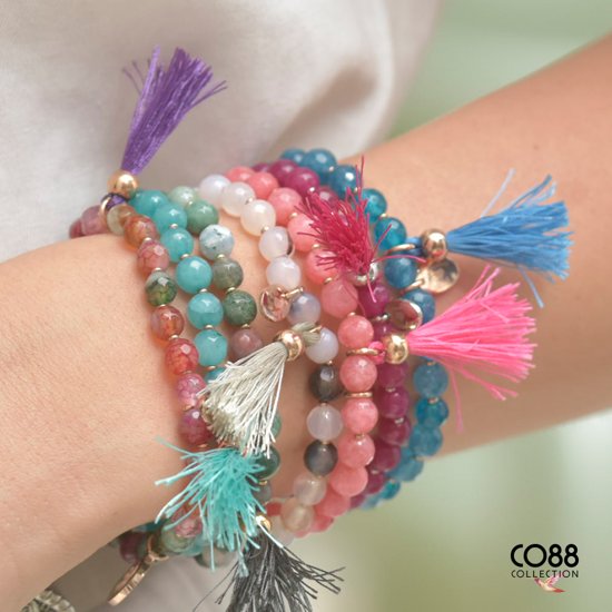 CO88 Collection Serenity Rekarmband met Tassel - Ster Hanger - Agaat Natuursteen 6 mm - One-size