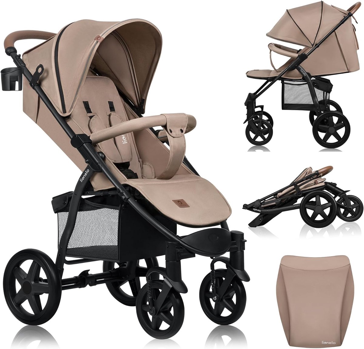 Lionelo Buggy Annet Plus – Lichtgewicht & Inklapbaar – Grote Massieve Wielen met Vering – Inclusief Voetenzak, Klamboe & Bekerhouder – Verstelbare Rugleuning & Voetsteun – Wandelwagen vanaf de geboorte tot 22 kg – Kinderwagen