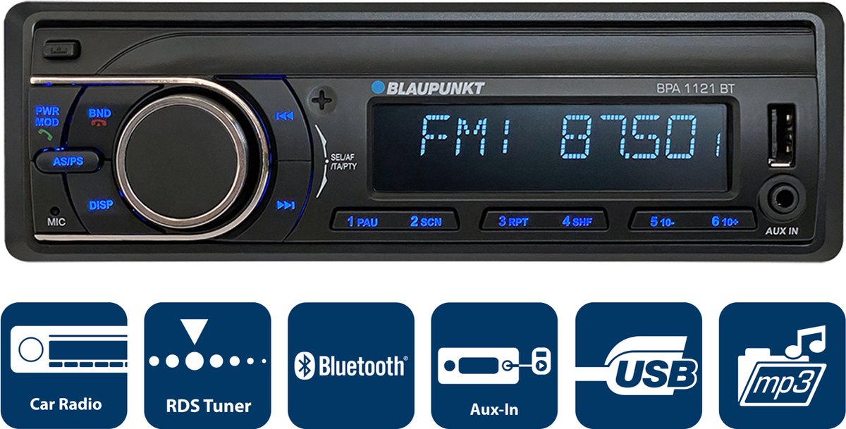 car radio, FM stereo, bluetooth, usb, aux-in
