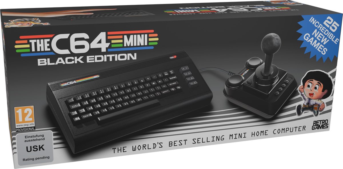 mini console, the c64, black edition, joystick, keyboard