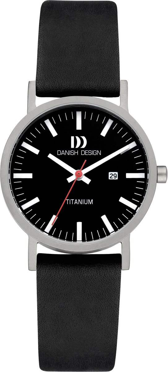 horloge, analoge klok, titanium, zwarte wijzerplaat, leren band