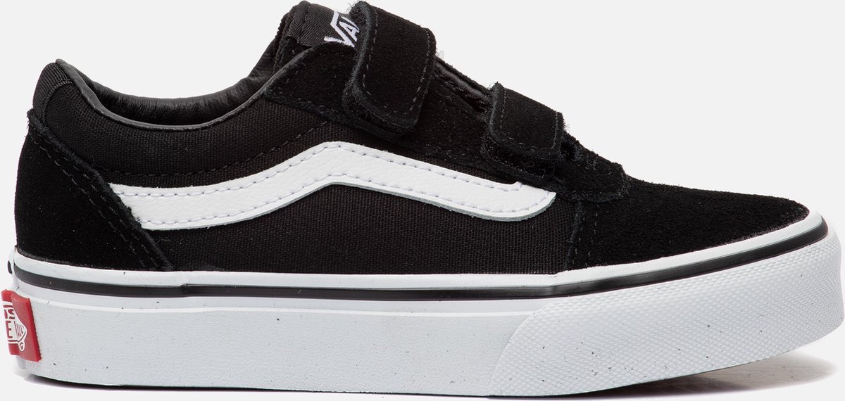 sneaker, zwart, klittenband, witte strook, skate schoen