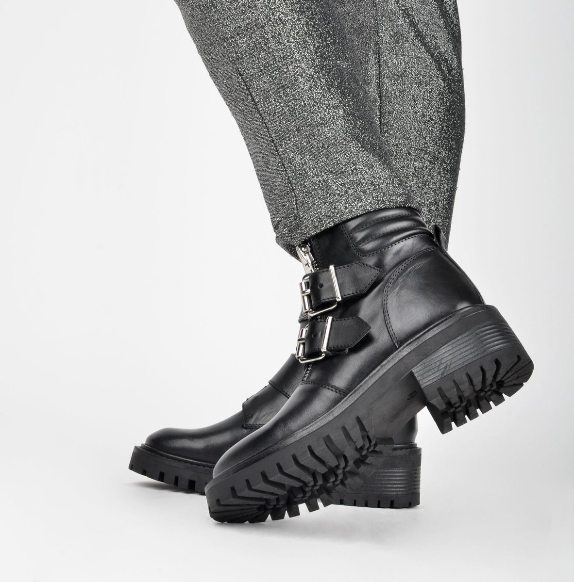 PS Poelman Klara Dames Leren Chunky Biker Boot  - mt 41 - met Gespen en Ritssluiting - Zwart