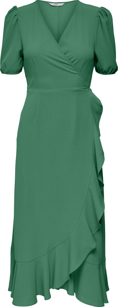 kleed, groene jurk, wrap-nek, mouw puff, ruches/ruffles