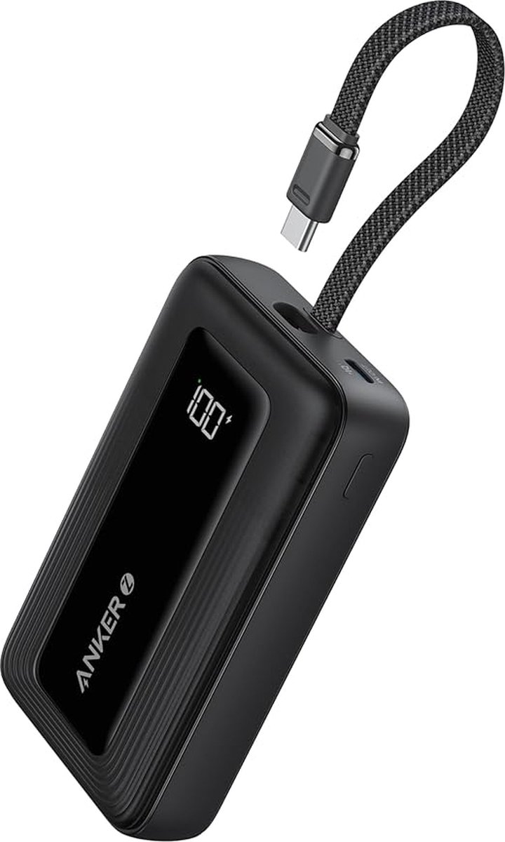 powerbank, digital display, USB-C, braided cable, zwart