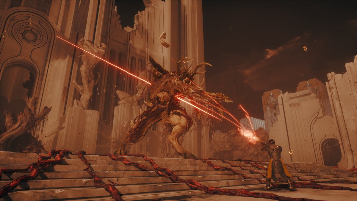 demon, monstrous creature, laser beams, ancient ruins, combat scene