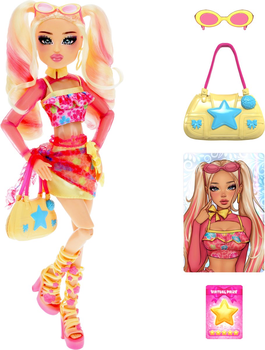 barbie-achtig-pop, roze-kleuren, poppie-jurk, kinder-schoenen, handtas