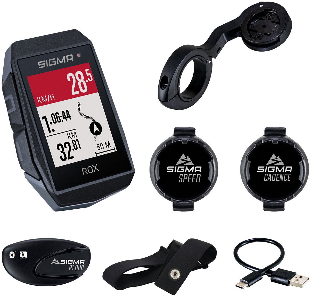 GPS fietscomputer, fietser, hoofdsteun houder, cadans sensor, snelheidsensor