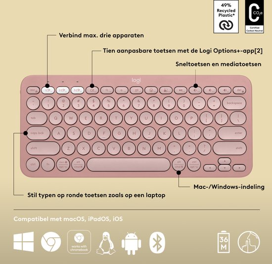 Logitech Pebble Keys 2 K380s - Draadloos Toetsenbord - Bluetooth - Qwerty - Rose