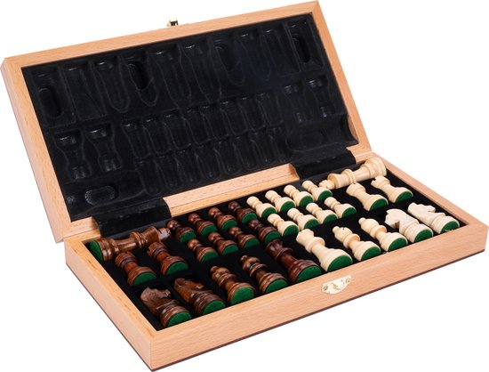 Schaakspel Beukenhout met Walnoot Fineer – Opklapbaar Houten Schaakbord 30x30 cm – Luxe Ingelegd Speelveld – Reis & Thuis editie – Engelhart