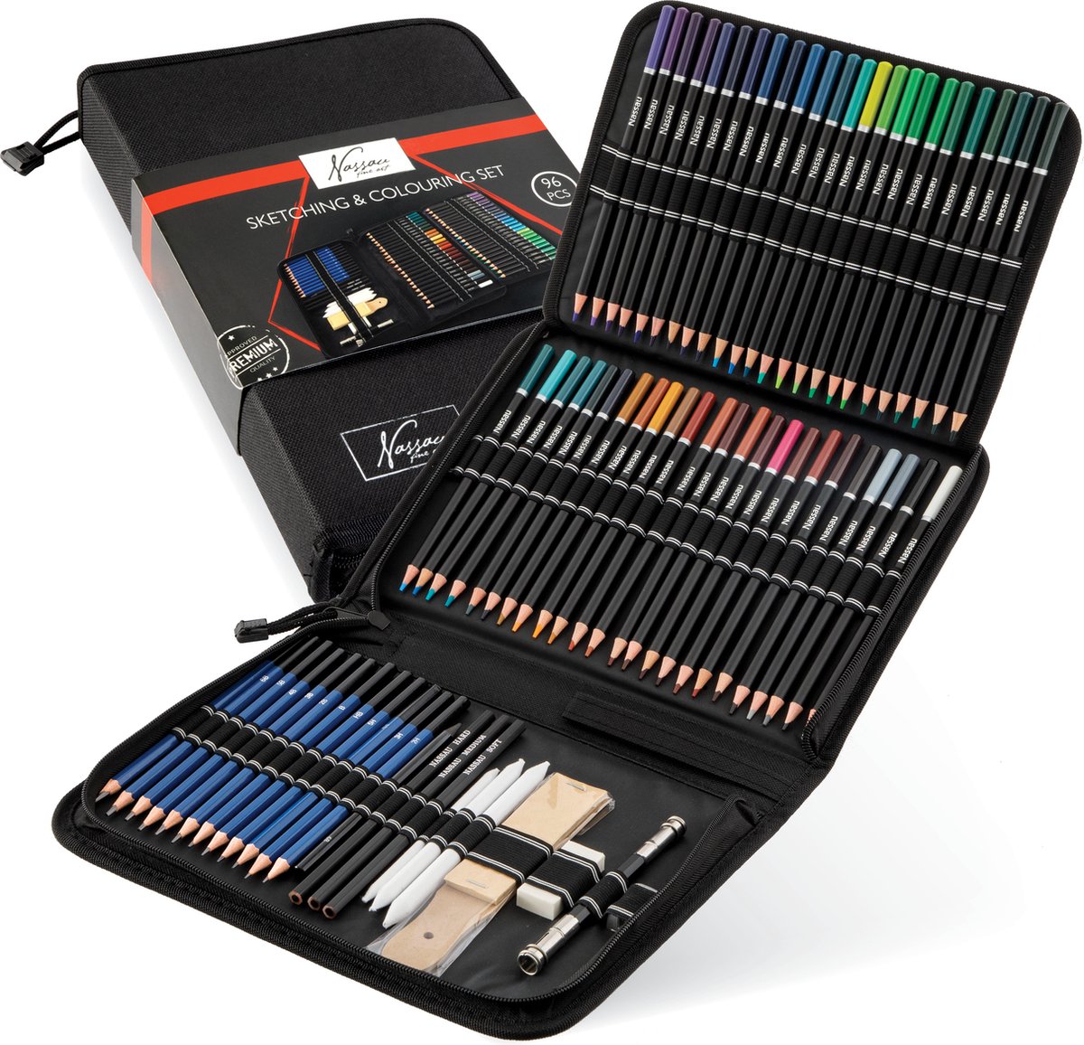 Nassau Fine Art Professionele Schets- en Tekenset  96-delig - Schetspotloden - houtskool - Kleurpotl