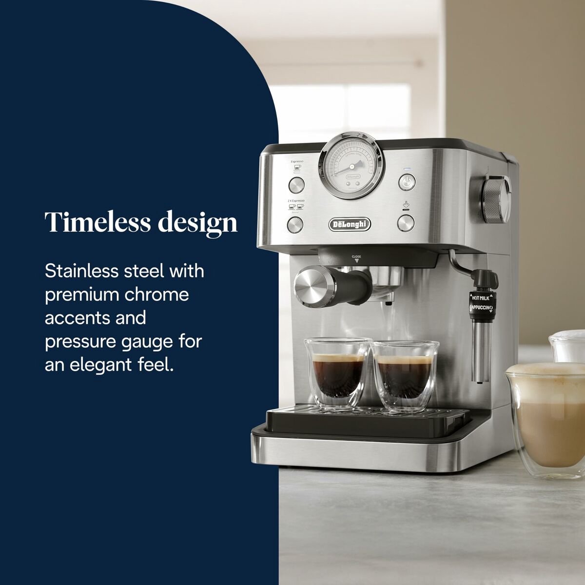 De'Longhi Classic EM450.M – Pistonmachine - Handmatige Espresso & Cappuccino - Volledig RVS Behuizing - Zilver