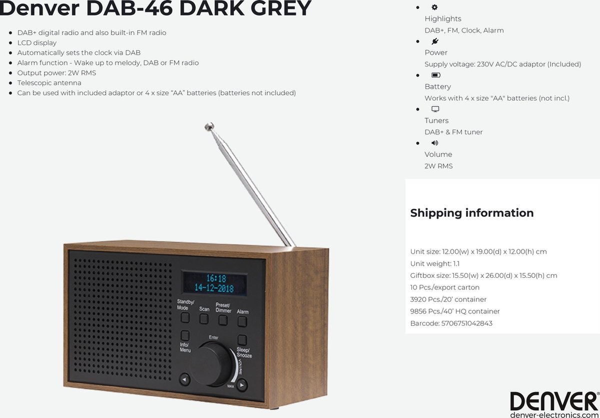 Denver DAB-46 / Retro FM radio / DAB + / LCD Display / Alarmfunctie / Donker Grijs