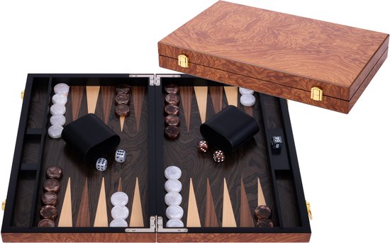 Backgammon 15 inch - Elzenhout Ingelegd Bord - Luxe Houten Koffer - Natuurlijke Afwerking - Engelhart
