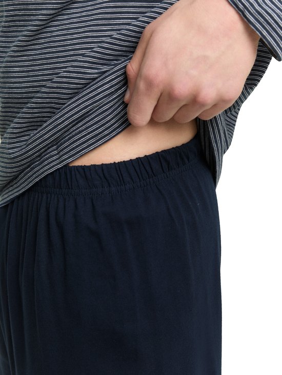 loungewear, elastic waistband, navy pants, striped shirt, casual outfit