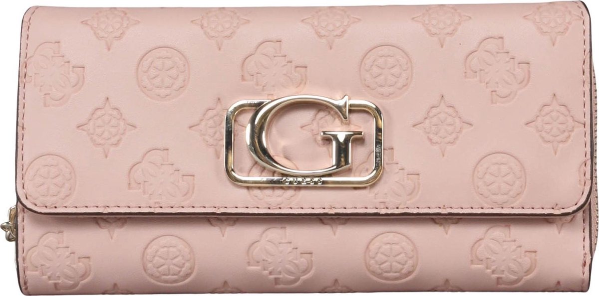 pink wallet, monogram pattern, metal logo, zip closure, card holder