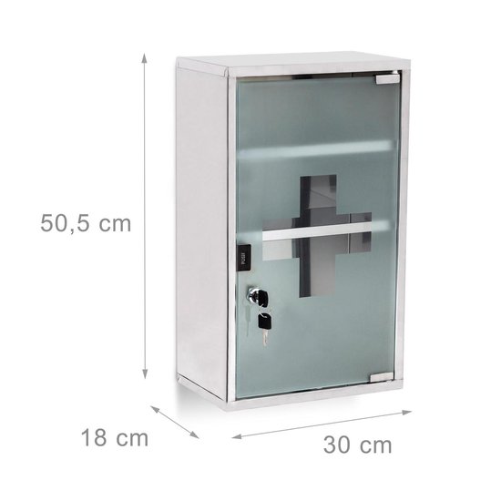 relaxdays - medicijnkastje XL - afsluitbaar - badkamer kast - edelstaal en glas