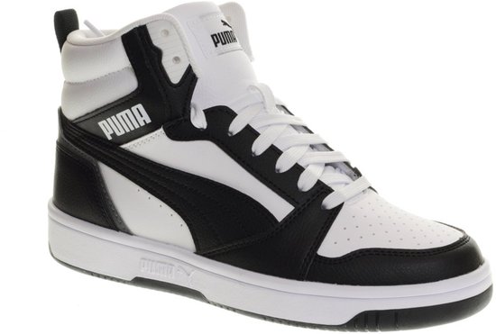 sneaker, hoog-toppige, zwart wit, leer, veters