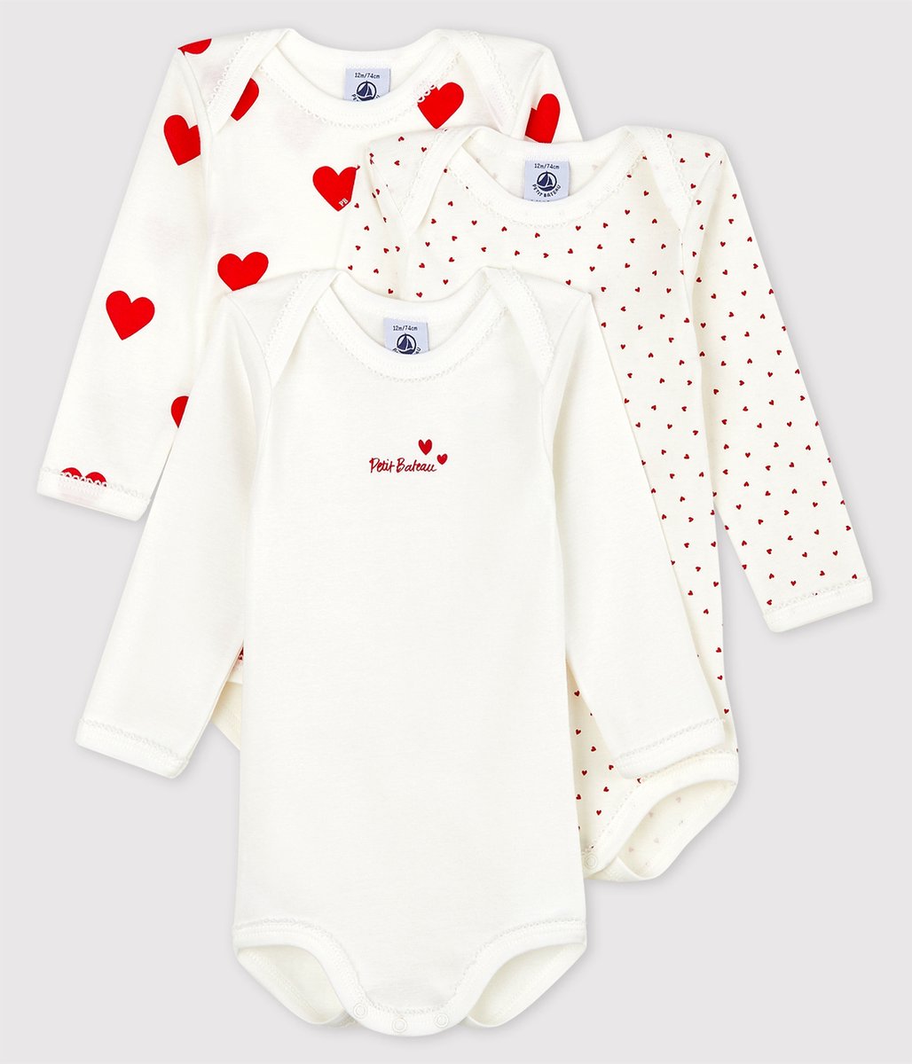 Petit Bateau - Maat 80 - Set van 3 Hartjes Baby Meisjes Rompertje