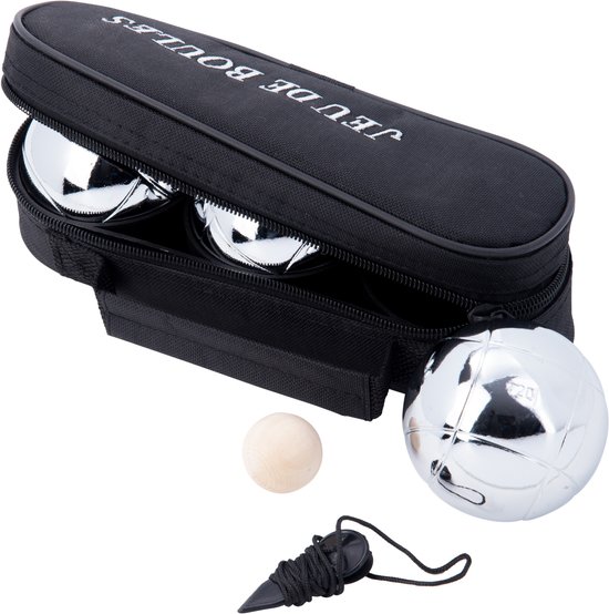 Metalen Jeu de Boules Set – 3 Ballen in Zwarte Rits Tas – Pétanque Set – Metalen Boules 74 mm 720 g – Inclusief But, Meetlint en Spelregels – Engelhart