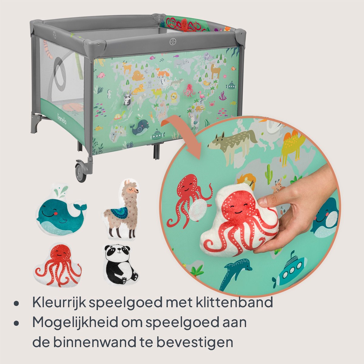 Lionelo Mille Plus Kinderbox 0-36 maanden – Babybox met T25 schuimmatras, educatief speelgoed, handgrepen voor leren staan, inklapbaar & mobiel, zijdeur met ritssluiting – speelbox voor thuis en op reis