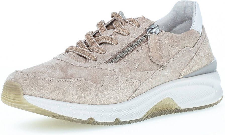 sneaker, beige, suede, zijsluiting, geschulpte zool