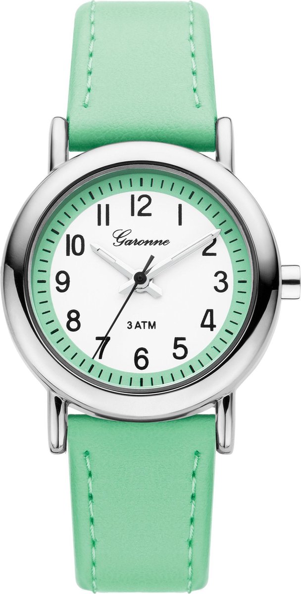 Garonne kinderhorloge 27 mm metaal-leder zilverkleurig-mintgroen