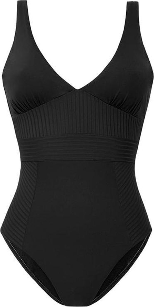 badpak, onepiece, zwart, riemloze, kantenaccent