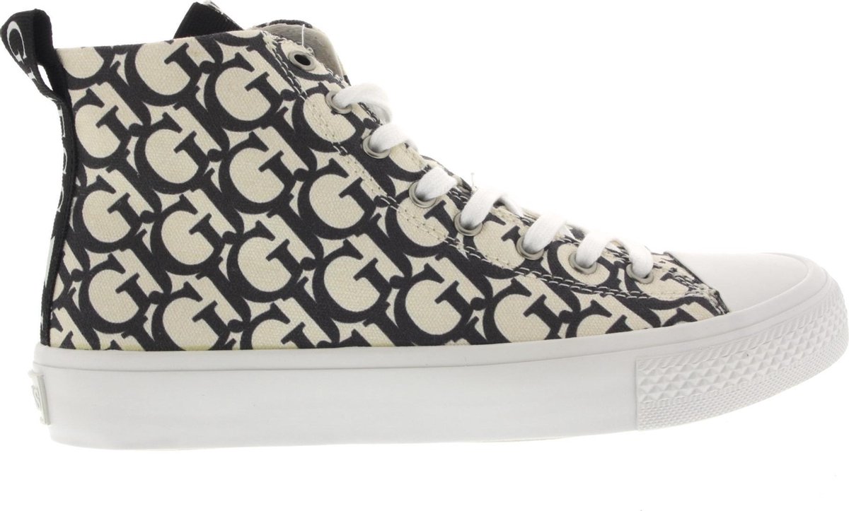 hoge sneakers, zwarte wit design, textiel upper, witte schoenveters, lichten zool