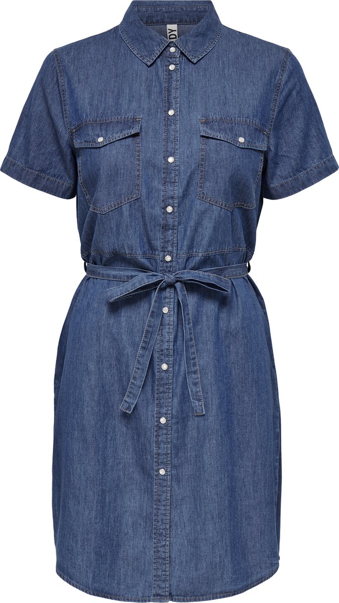 denim jurk, denim dress, korte mouwen, riemceintuur, knopen