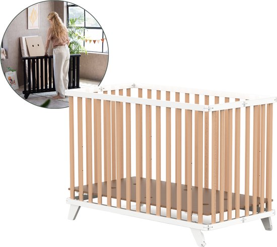 Geuther Ledikant Mayla, Opvouwbaar Kinderbedje - Baby bed - Kinderbox - 60x120 cm - Bodem in hoogte verstelbaar - Eco/Wit