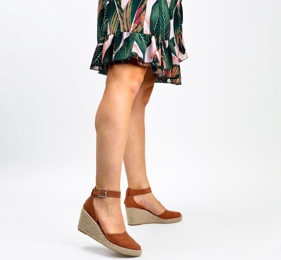 PS Poelman - 41 - Espadrilles met Sleehak - Enid - Cognac Bruin