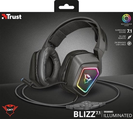 Trust GXT 450 Blizz 7.1 Gaming Headset RGB verlichting PC Surround sound USB Zwart