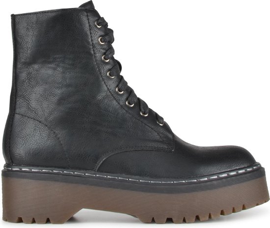 PS Poelman Dames -maat 37 - DOLIS PU Imitatieleren Chunky Veter Laarzen Boots met Rits - Zwart
