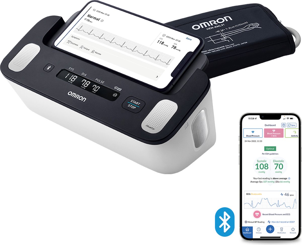 OMRON COMPLETE – Smart Bloeddrukmeter Bovenarm – Aanbevolen door Hartstichting - ECG Monitor - Klini