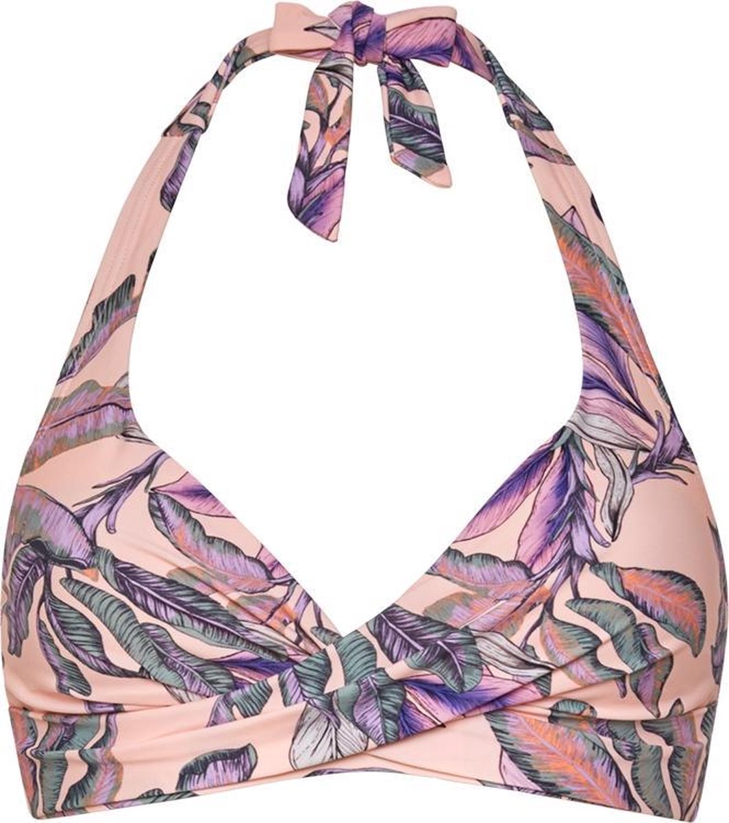 bikini, haltertop, floral print, peach color, wrap design