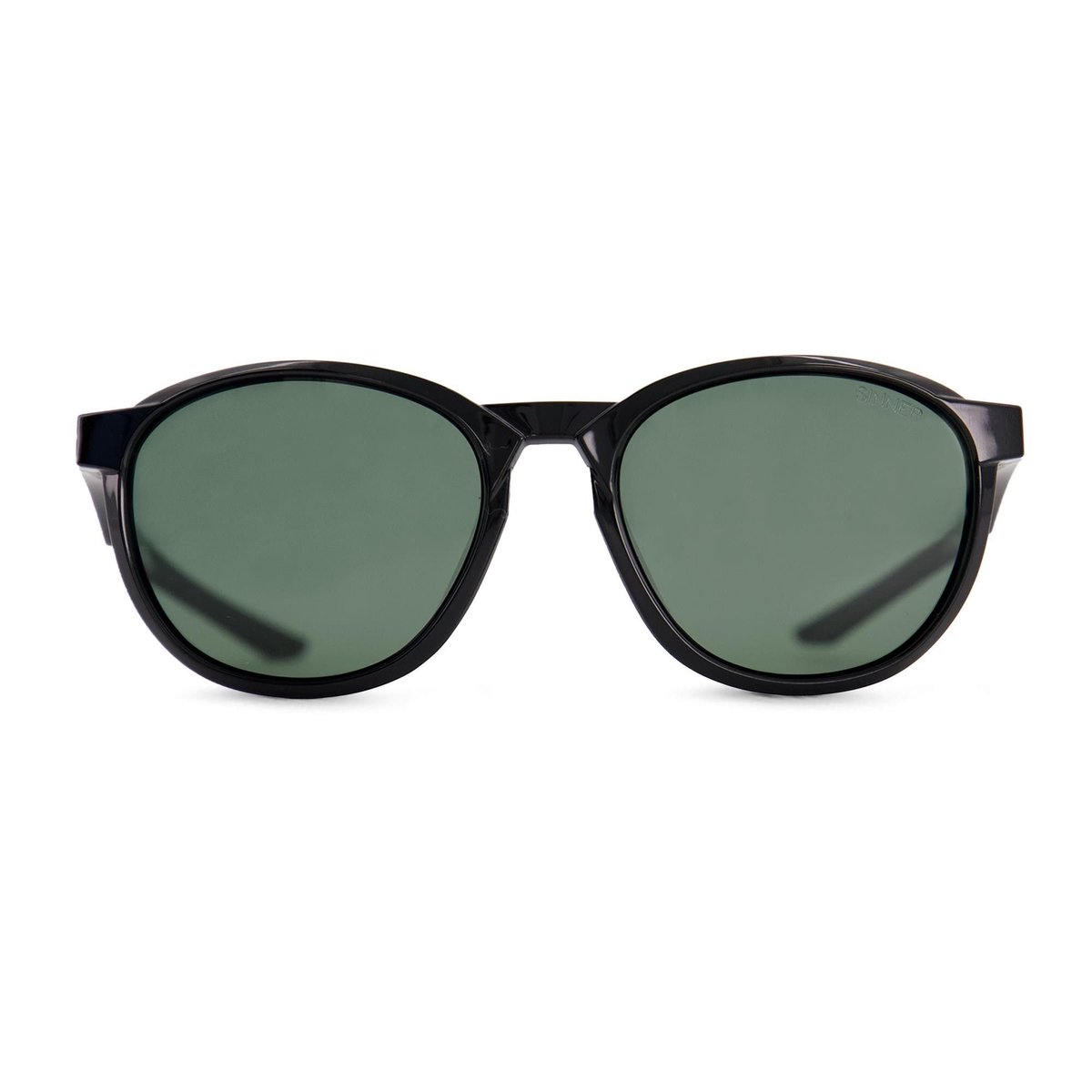 zonnebril, donker, groene glazen, kunststof frame, ronde vorm