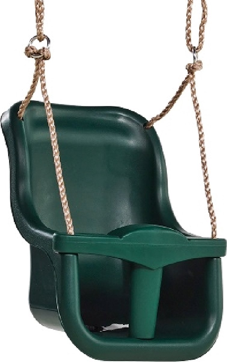 Kinderzitje, Schommelzitje, Grondkleur groen, Touwkettingen, Plastic stoel
