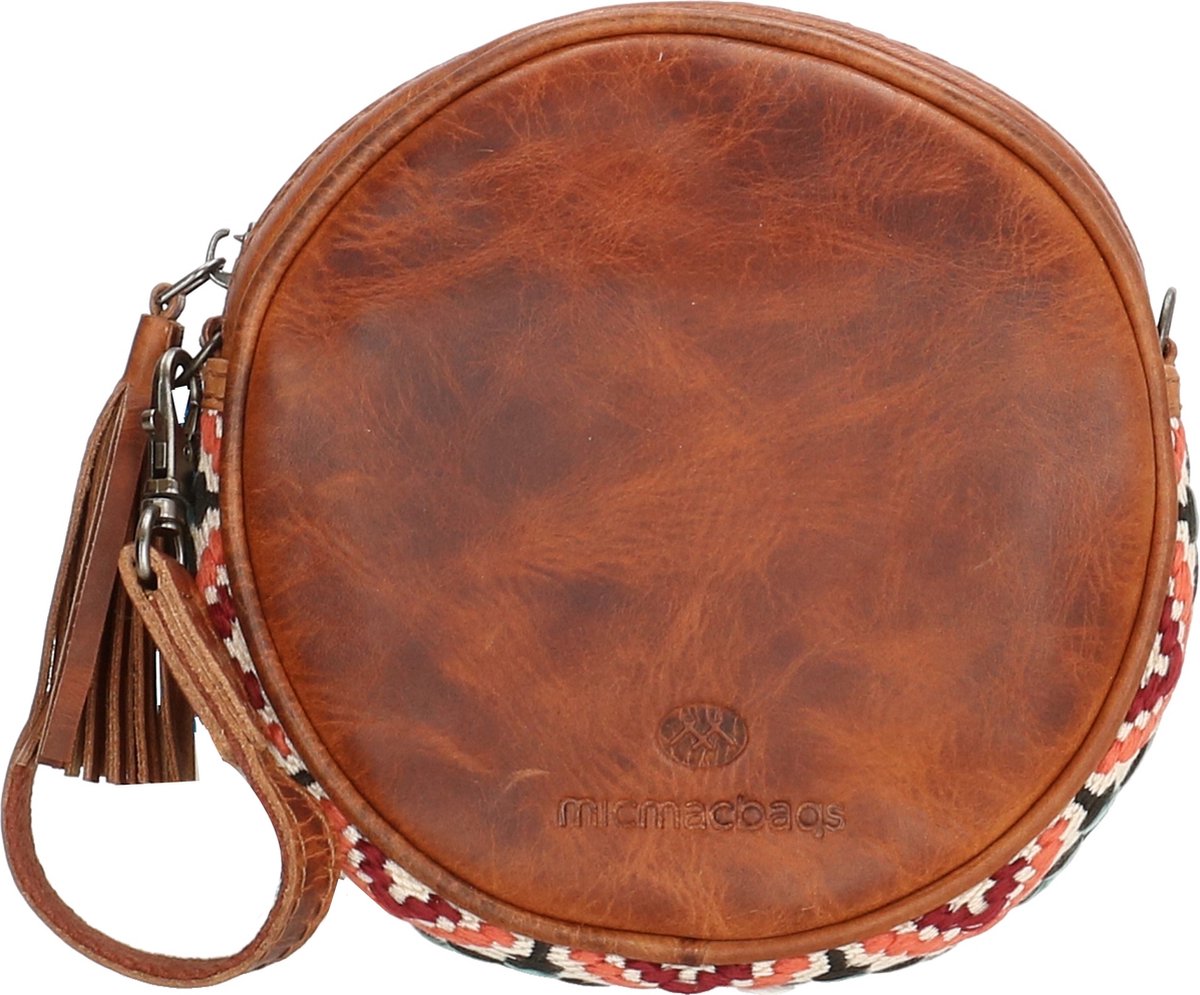 round bag, leer, bruin, geweven riem, schoudertas