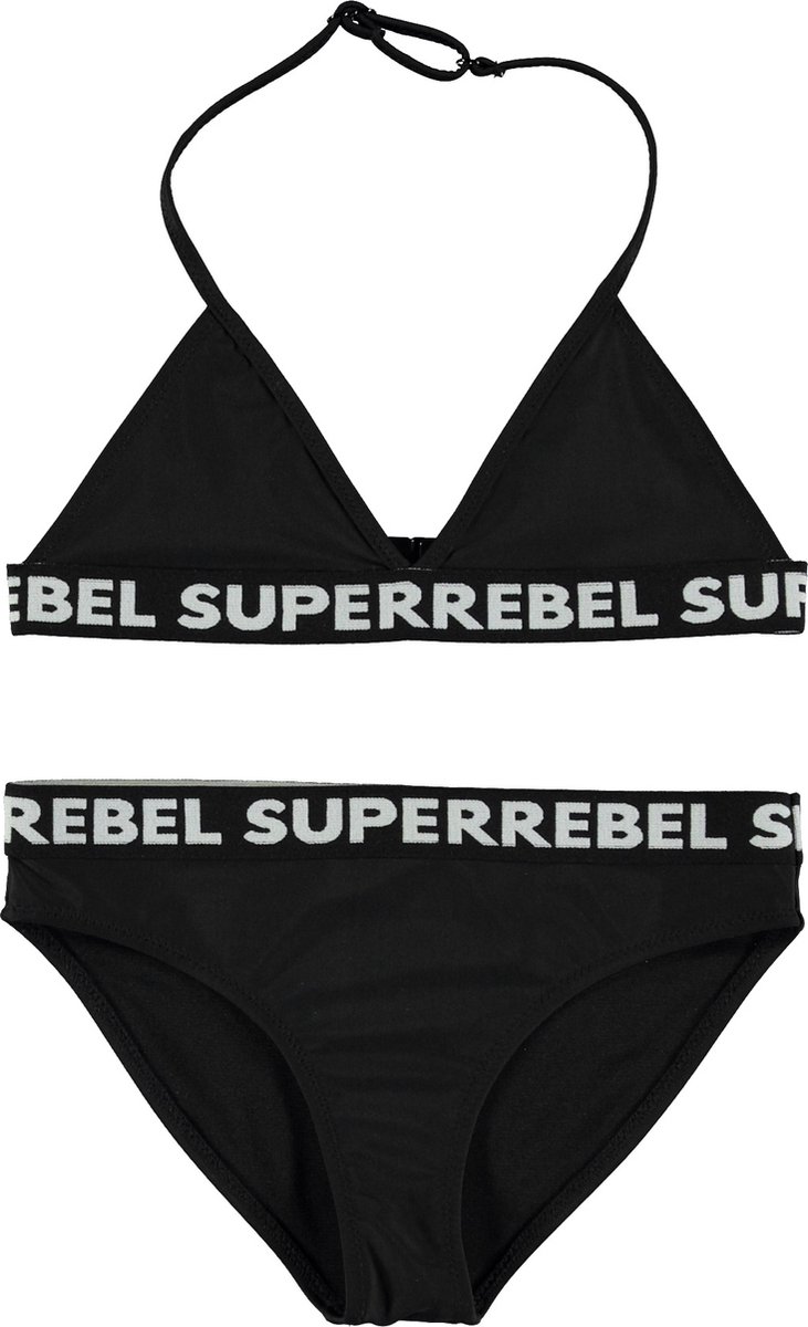 bikini, top driehoek, zwart, elastische tailleband, tekstband