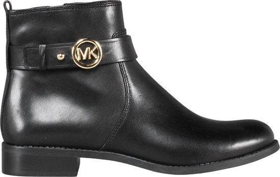 black ankle boot, leather boot, mid heel, ankle strap, gold logo buckle