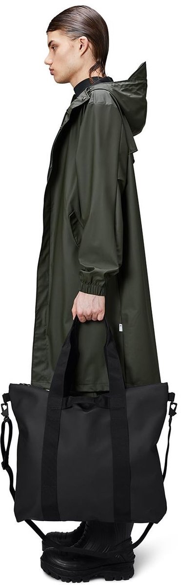 parka, regenjas, hoge kraag, kap, tote tas