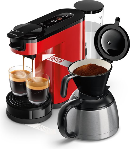 Philips Senseo Switch Koffiemachine HD6592/84 - Pad- en Filterkoffiezetapparaat - Automatische Uitschakeling - Instelbare Intensiteit - Incl Thermische Kan - Rood