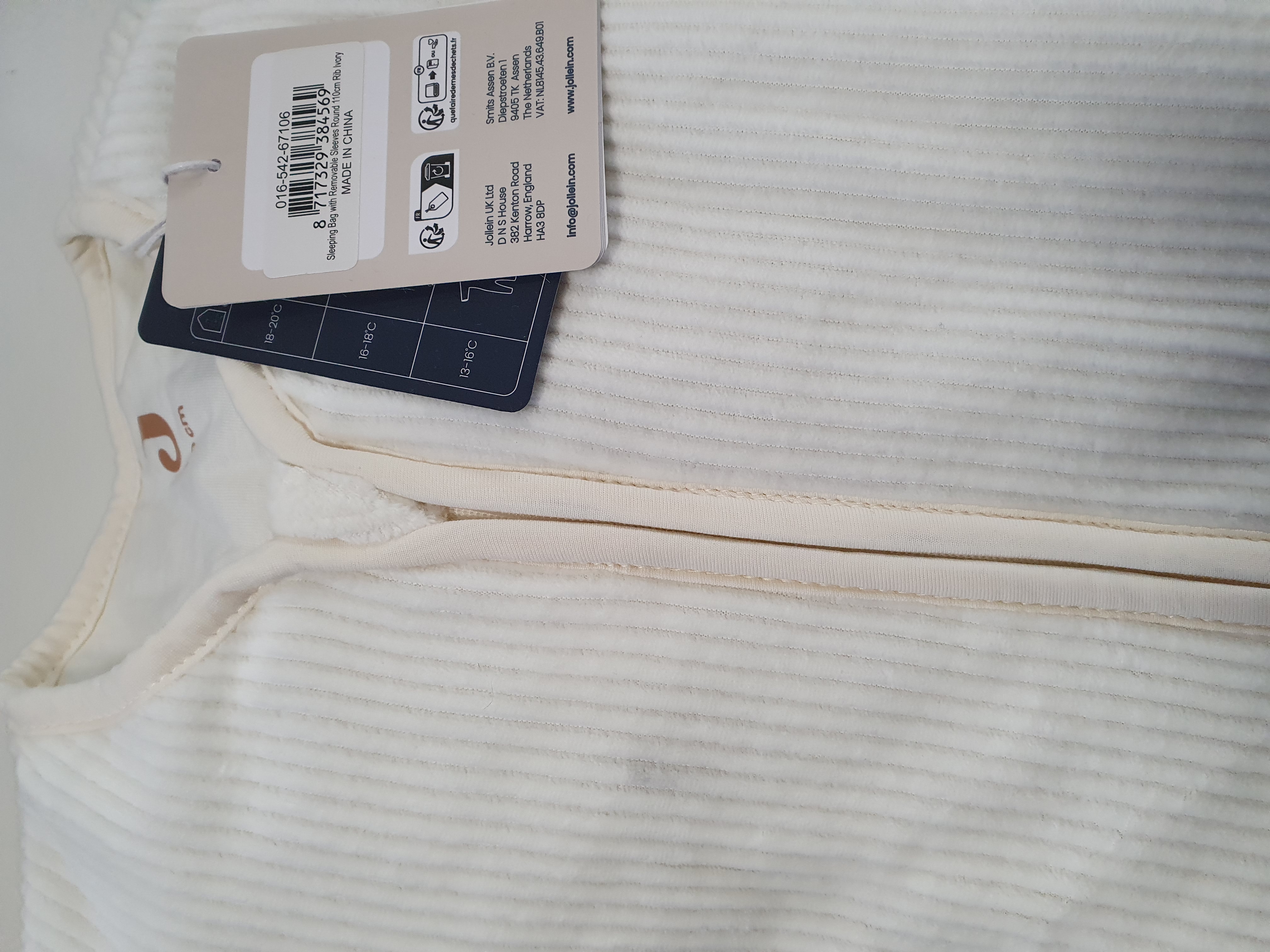 Jollein Baby Slaapzak Winter Met Afritsbare Mouw 110cm - Rond - Rib Ivory