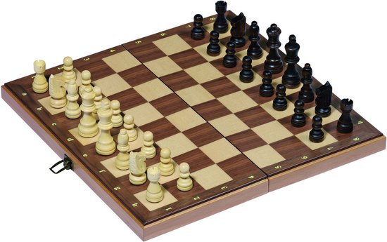 SCHAAKBORD plooibaar 38x38x2.5cm, bord en figuren van hout, 7+